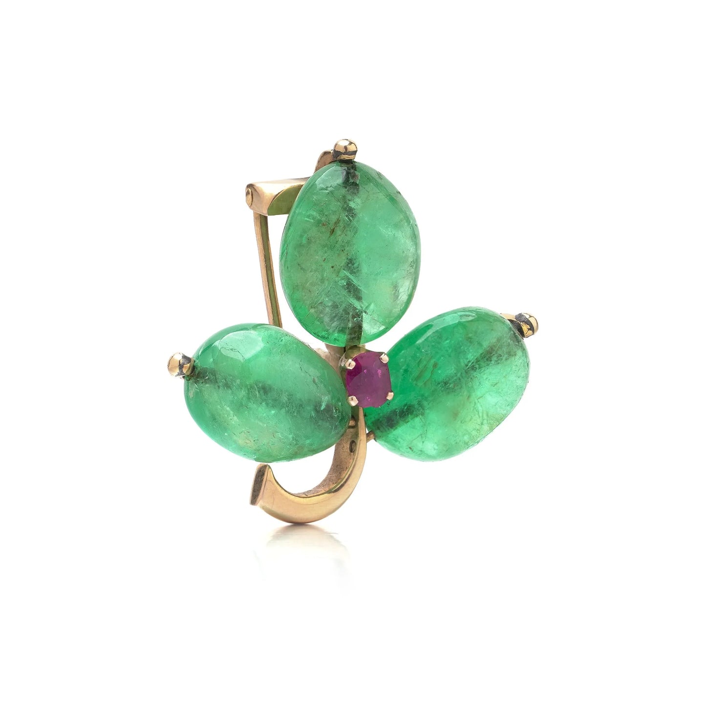 Antique 18KT Gold Cabochon Emerald and Ruby Three-Leaf Clover Brooch