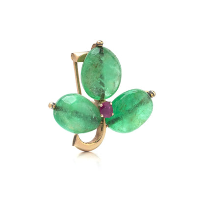 Antique 18KT Gold Cabochon Emerald and Ruby Three-Leaf Clover Brooch