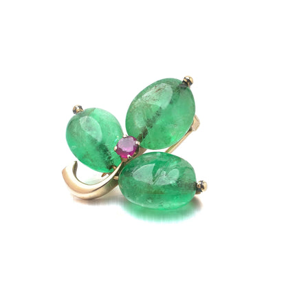 Antique 18KT Gold Cabochon Emerald and Ruby Three-Leaf Clover Brooch