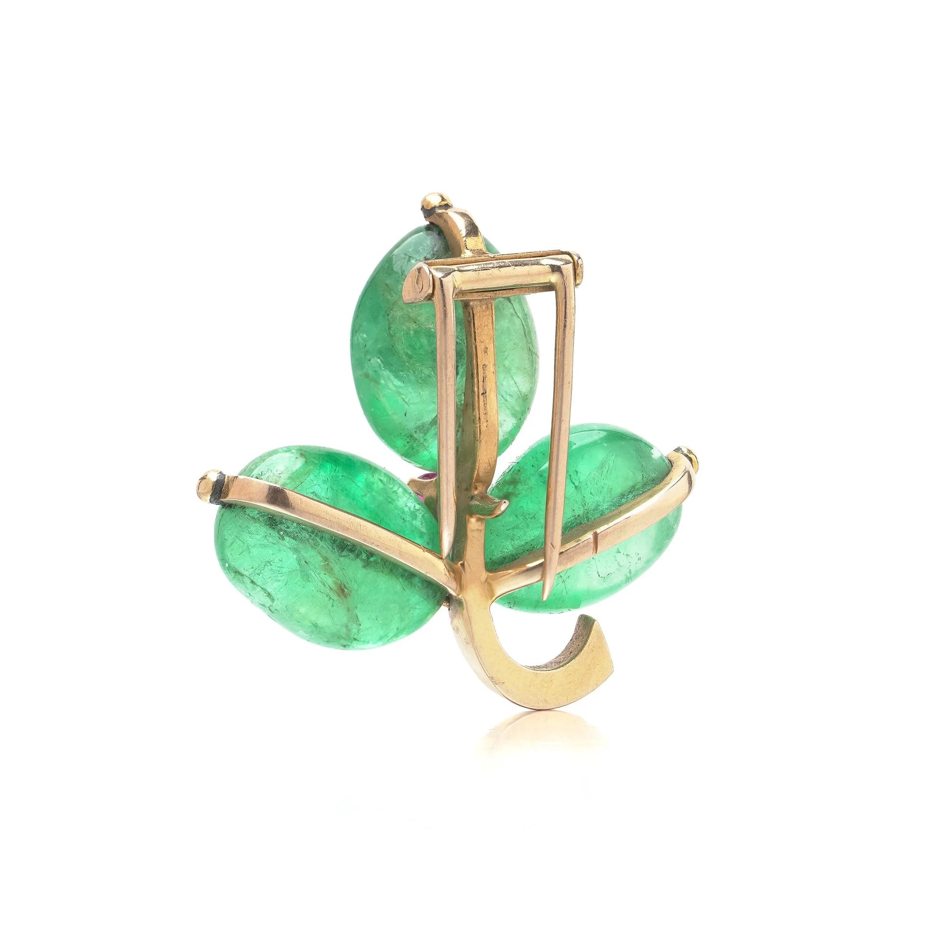 Antique 18KT Gold Cabochon Emerald and Ruby Three-Leaf Clover Brooch