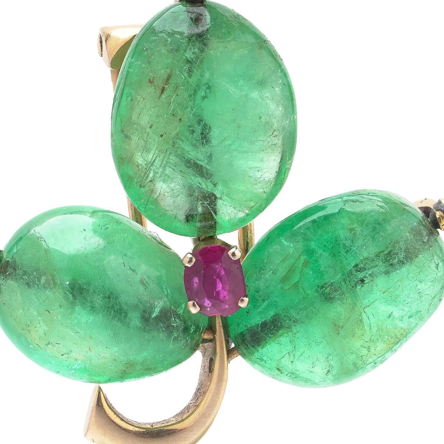 Antique 18KT Gold Cabochon Emerald and Ruby Three-Leaf Clover Brooch