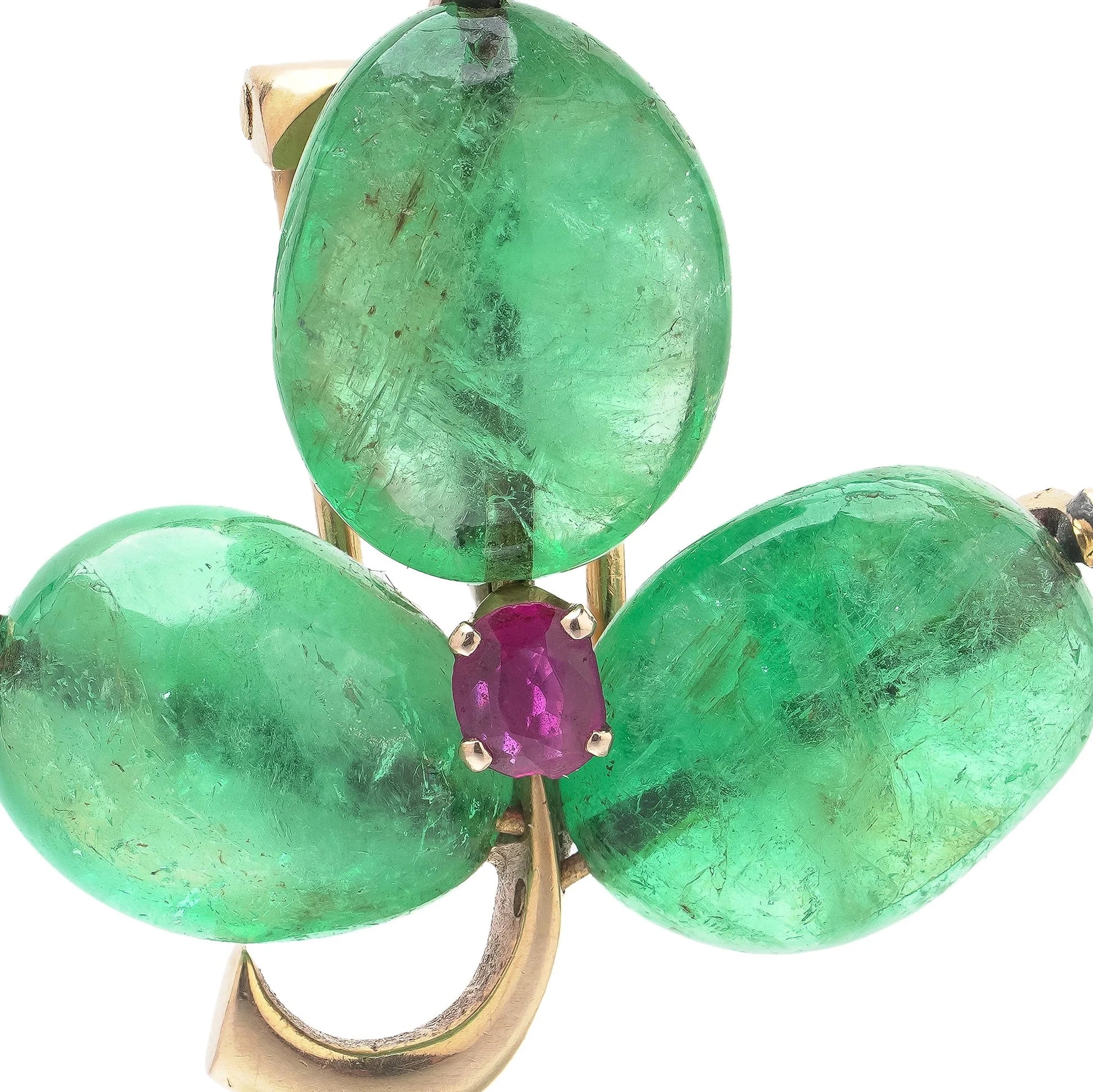 Antique 18KT Gold Cabochon Emerald and Ruby Three-Leaf Clover Brooch