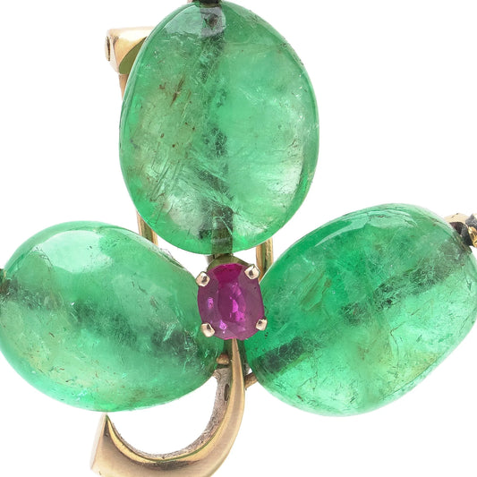 Antique 18KT Gold Cabochon Emerald and Ruby Three-Leaf Clover Brooch
