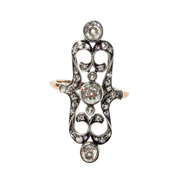 Antique Old Cut Diamond Trilogy Plaque Ring, Circa 1900
