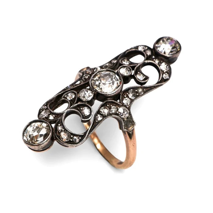 Antique Old Cut Diamond Trilogy Plaque Ring, Circa 1900