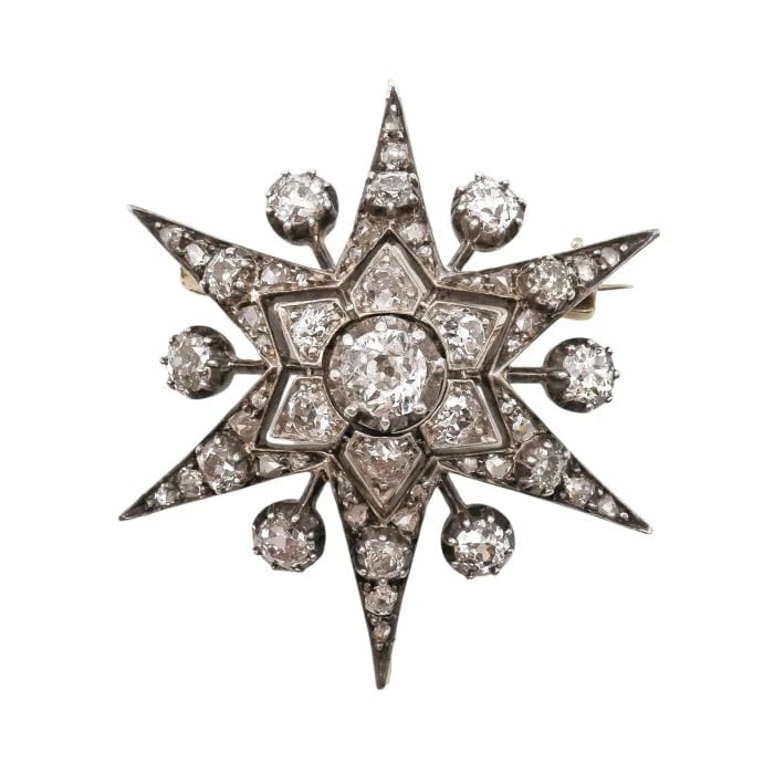 Victorian Antique Old Diamond Six Point Ray Star Brooch, Circa 1890