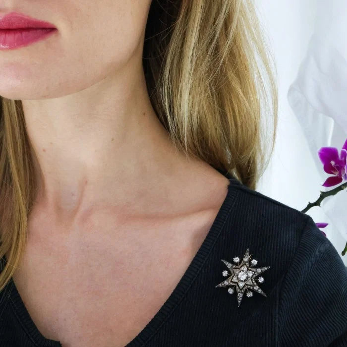 Victorian Antique Old Diamond Six Point Ray Star Brooch, Circa 1890