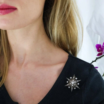 Victorian Antique Old Diamond Six Point Ray Star Brooch, Circa 1890