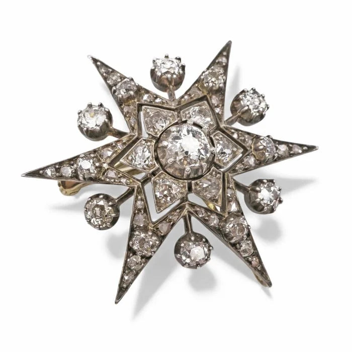 Victorian Antique Old Diamond Six Point Ray Star Brooch, Circa 1890