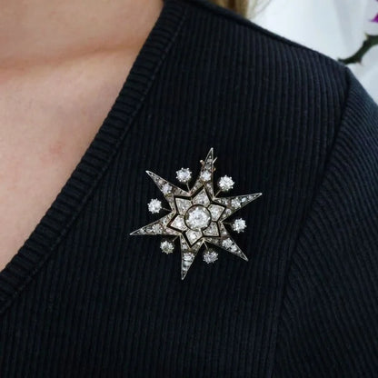 Victorian Antique Old Diamond Six Point Ray Star Brooch, Circa 1890