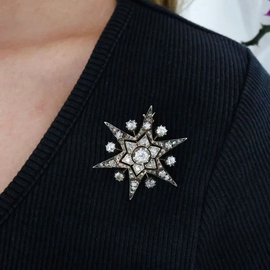 Victorian Antique Old Diamond Six Point Ray Star Brooch, Circa 1890