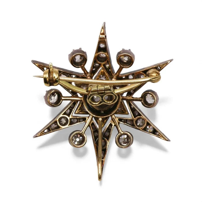 Victorian Antique Old Diamond Six Point Ray Star Brooch, Circa 1890