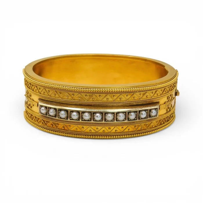 Victorian Antique Etruscan Revival Pearl and Gold Bangle, Circa 1875