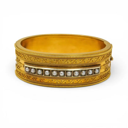 Victorian Antique Etruscan Revival Pearl and Gold Bangle, Circa 1875