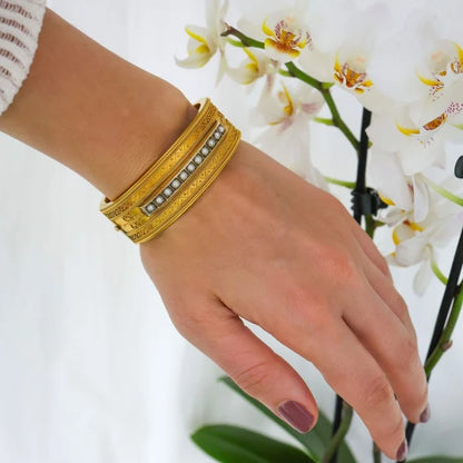 Victorian Antique Etruscan Revival Pearl and Gold Bangle, Circa 1875