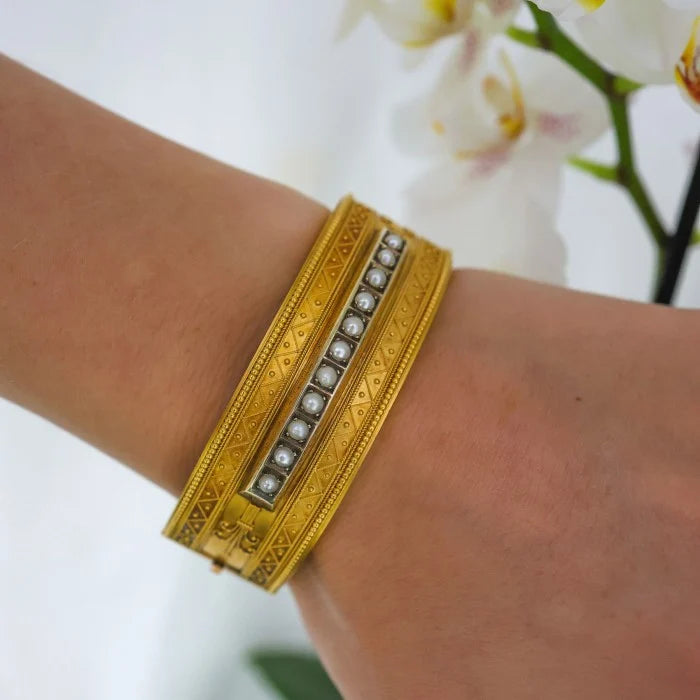 Victorian Antique Etruscan Revival Pearl and Gold Bangle, Circa 1875