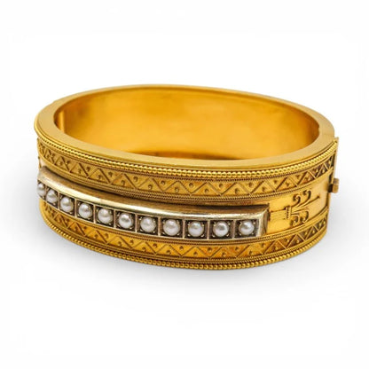 Victorian Antique Etruscan Revival Pearl and Gold Bangle, Circa 1875