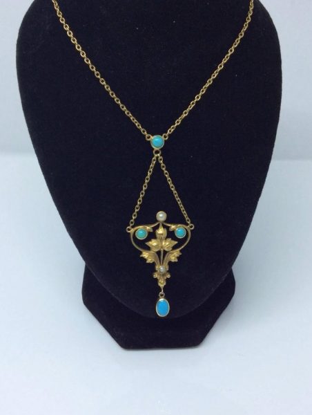 Antique Turquoise, Pearl and Gold Pendant Necklace Circa 1870