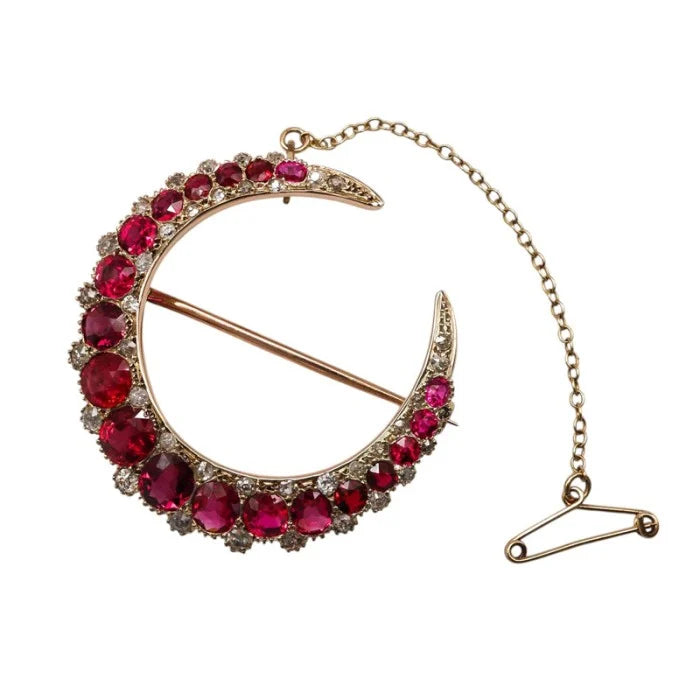 Victorian Antique Natural Burma Red Spinel and Diamond Crescent Moon Brooch