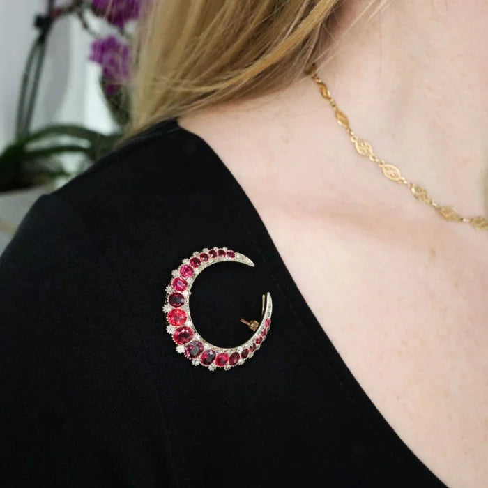 Victorian Antique Natural Burma Red Spinel and Diamond Crescent Moon Brooch