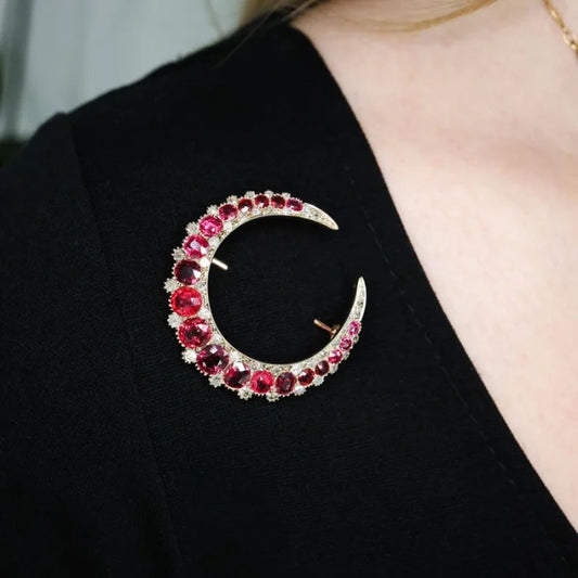 Victorian Antique Natural Burma Red Spinel and Diamond Crescent Moon Brooch