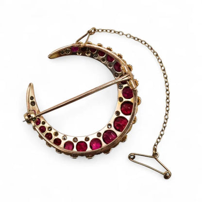 Victorian Antique Natural Burma Red Spinel and Diamond Crescent Moon Brooch