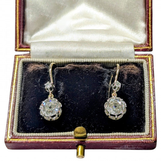 Edwardian Antique 2.60ct Old Cut Drop Diamond Earrings