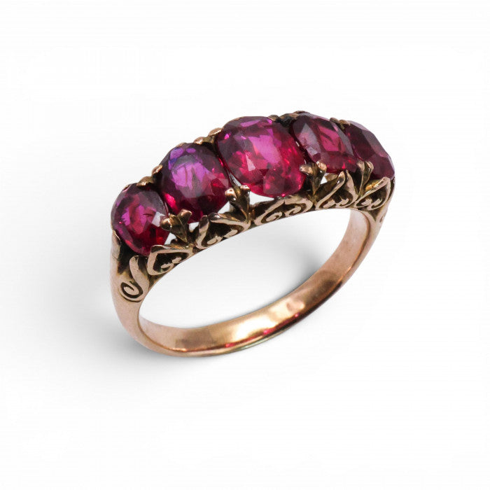 Edwardian Antique 3.60ct Oval Ruby Five Stone Carved Ring