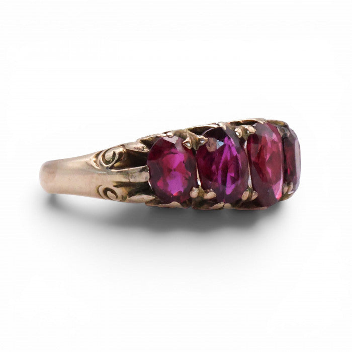 Edwardian Antique 3.60ct Oval Ruby Five Stone Carved Ring