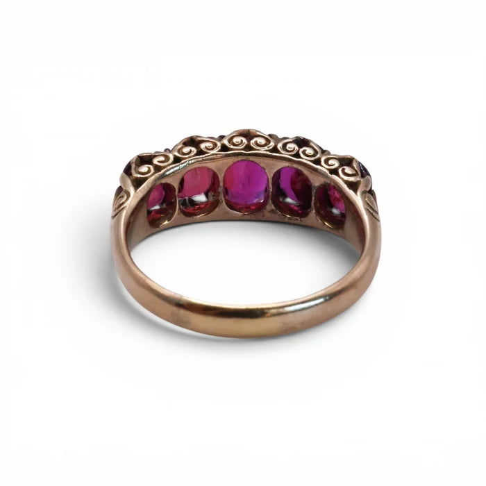 Edwardian Antique 3.60ct Oval Ruby Five Stone Carved Ring