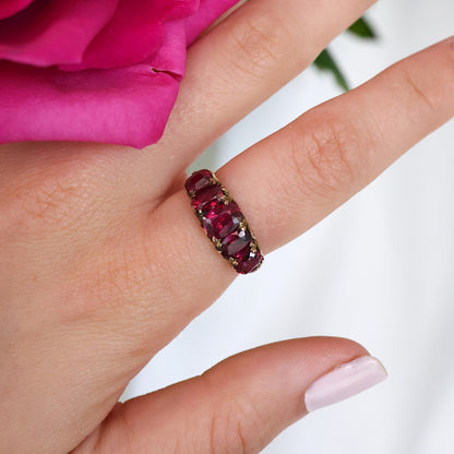 Edwardian Antique 3.60ct Oval Ruby Five Stone Carved Ring