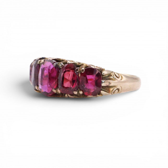 Edwardian Antique 3.60ct Oval Ruby Five Stone Carved Ring