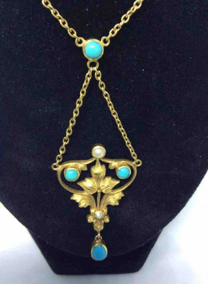 Antique Turquoise, Pearl and Gold Pendant Necklace Circa 1870