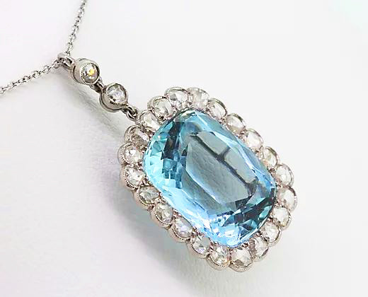 Art Deco Aquamarine and Rose Cut Diamond Pendant set in Platinum