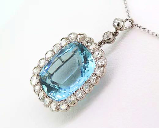 Art Deco Aquamarine and Rose Cut Diamond Pendant set in Platinum