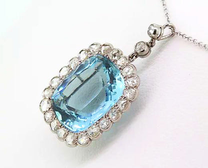Art Deco Aquamarine and Rose Cut Diamond Pendant set in Platinum