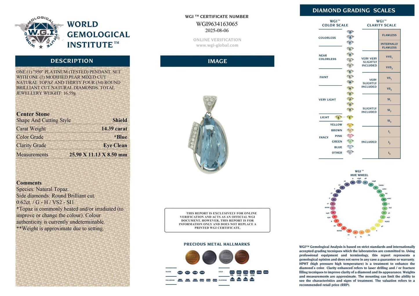 Natural Blue Topaz and Diamond Pendant in Platinum