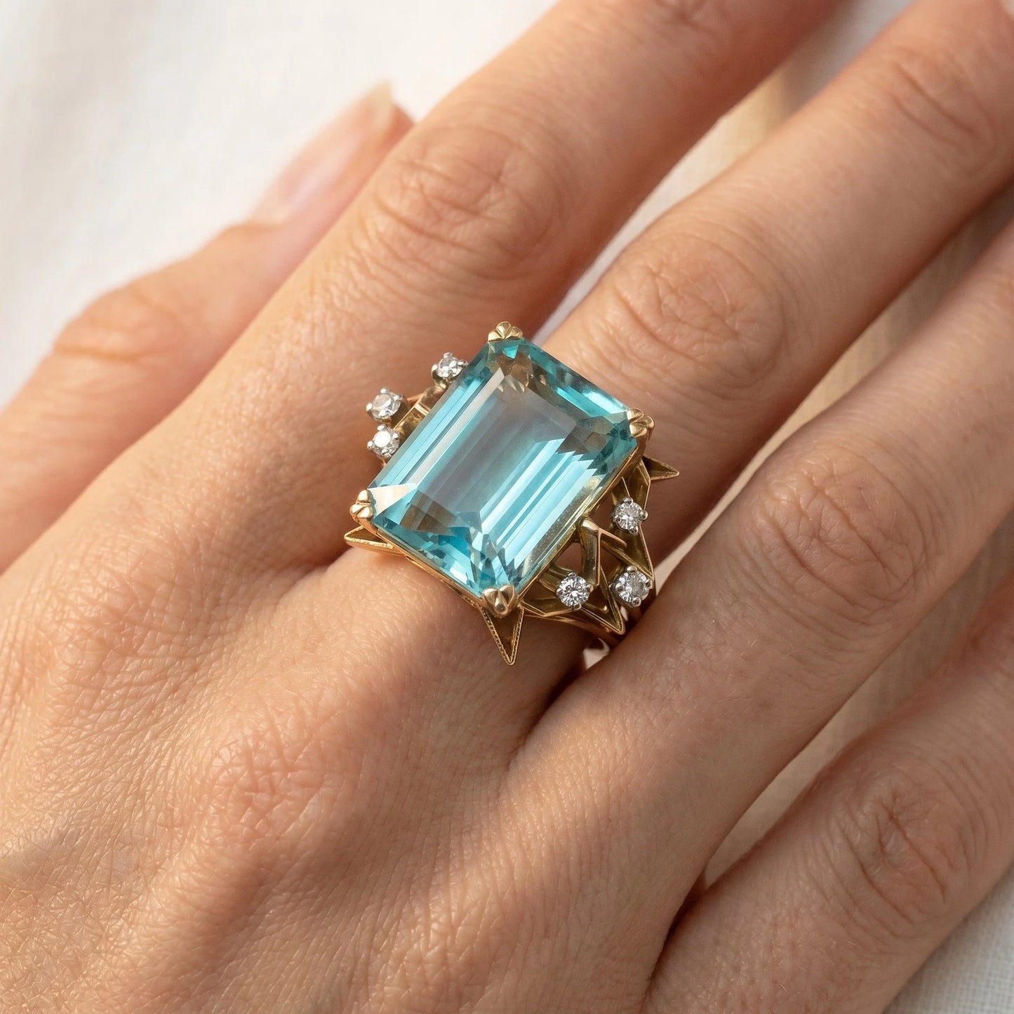 Retro 12cts Aquamarine and Diamond Cocktail Ring. Yellow Gold