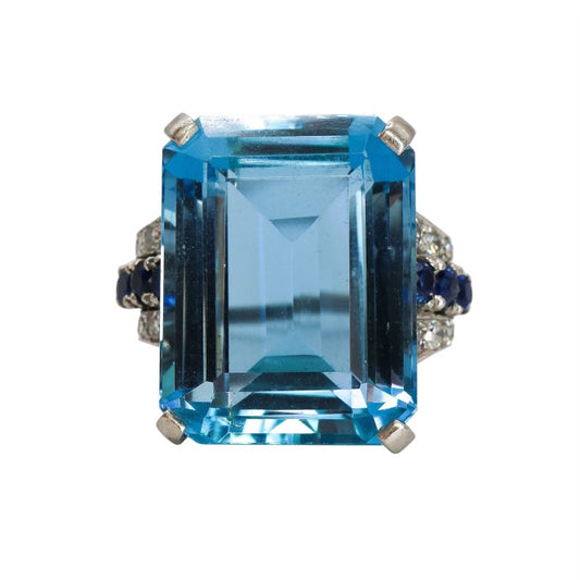 Art Deco 20cts Aquamarine Cocktail Ring in Platinum with Sapphire and Diamond