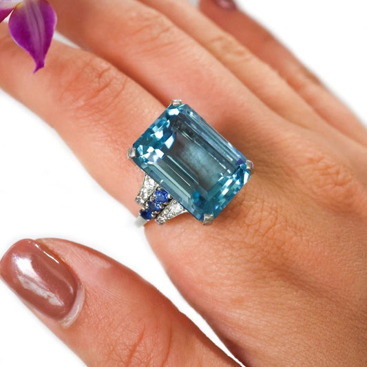 Art Deco 20cts Aquamarine Cocktail Ring in Platinum with Sapphire and Diamond
