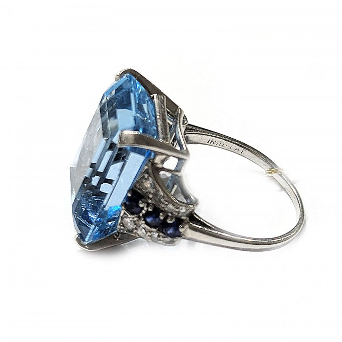 Art Deco 20cts Aquamarine Cocktail Ring in Platinum with Sapphire and Diamond
