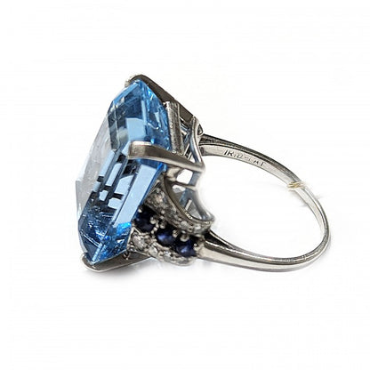 Art Deco 20cts Aquamarine Cocktail Ring in Platinum with Sapphire and Diamond