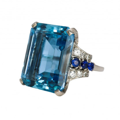 Art Deco 20cts Aquamarine Cocktail Ring in Platinum with Sapphire and Diamond