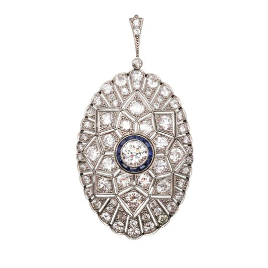 Art Deco Old Cut Diamond and Sapphire Oval Pendant in Platinum
