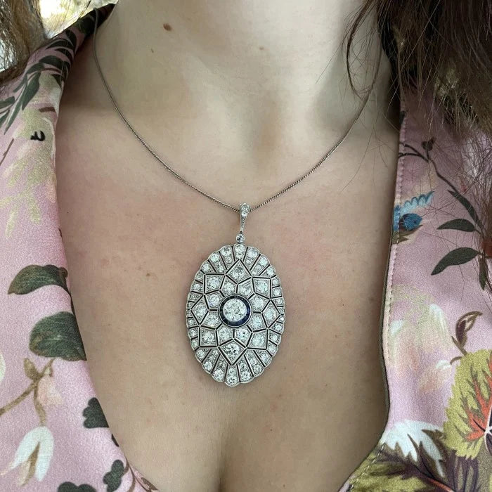 Art Deco Old Cut Diamond and Sapphire Oval Pendant in Platinum