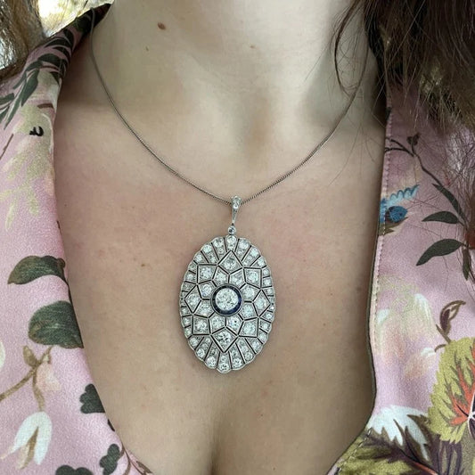 Art Deco Old Cut Diamond and Sapphire Oval Pendant in Platinum