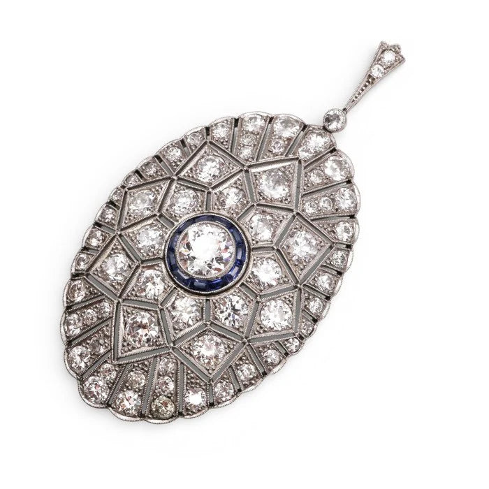 Art Deco Old Cut Diamond and Sapphire Oval Pendant in Platinum