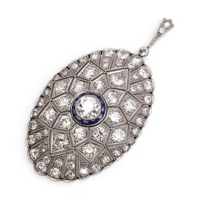 Art Deco Old Cut Diamond and Sapphire Oval Pendant in Platinum