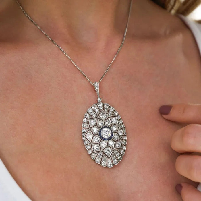 Art Deco Old Cut Diamond and Sapphire Oval Pendant in Platinum