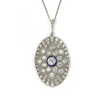 Art Deco Old Cut Diamond and Sapphire Oval Pendant in Platinum